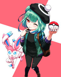 Rule 34 | 1girl, black headwear, black pants, colored tips, creatures (company), crossover, double bun, dynamax band, finger to mouth, from above, game freak, gen 6 pokemon, green hair, green jacket, hair bun, hat, hololive, jacket, multicolored hair, nintendo, one eye closed, pants, poke ball, poke ball (basic), pokemon, pokemon (creature), red eyes, smile, sylveon, tilted headwear, uruha rushia, virtual youtuber, wristband, yuu201023