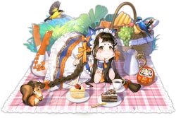 Rule 34 | 1girl, acorn, animal hat, ark order, beret, bird, blue hat, bottle, bow, braid, brown hair, cake, carpet, cat hat, chocolate cake, closed mouth, coffee cup, coffee pot, cup, daruma doll, disposable cup, facial mark, fang, food, fork, frilled hat, frills, fruit, full body, grapes, hair ornament, hands on own cheeks, hands on own face, hat, hat with ears, horns, leaf, long hair, looking at viewer, official art, oni horns, orange bow, orange socks, picnic, picnic basket, plate, pppppan, sidelocks, skin fang, smile, socks, solo, spoon, squirrel, tachi-e, thighhighs, toe socks, transparent background, twin braids, very long hair, w arms, white socks, wine bottle, x hair ornament, yellow eyes, zashiki-warashi (ark order)