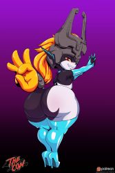 Rule 34 | 1girl, artist name, ass, blonde hair, boots, colored skin, elbow gloves, fingerless gloves, from behind, gloves, gradient background, helmet, high heel boots, high heels, highres, huge ass, long hair, looking at viewer, looking back, midna, multicolored skin, nintendo, pointy ears, purple background, red eyes, shiny skin, shortstack, smile, solo, the legend of zelda, the legend of zelda: twilight princess, thecon, thick thighs, thighs, two-tone skin, wide hips