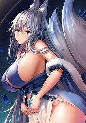 Rule 34 | 1girl, animal ear fluff, animal ears, azur lane, bare shoulders, blue butterfly, blue collar, blue eyes, breasts, bug, butterfly, collar, dress, feather boa, from side, grey hair, hair between eyes, halter dress, halterneck, huge breasts, insect, kitsune, kyuubi, large tail, looking at viewer, manda (manda9n), multiple tails, shinano (azur lane), shinano (dreams of the hazy moon) (azur lane), sideboob, solo, tail, white tail