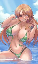 Rule 34 | 1girl, absurdres, arm tattoo, bikini, blue sky, breasts, brown eyes, brown hair, calmgreentori, cleavage, commentary, day, earrings, english commentary, green bikini, highres, imminent wardrobe malfunction, jewelry, large breasts, long hair, looking at viewer, nami (one piece), one piece, outdoors, pendant, sky, smile, solo, swimsuit, tattoo, thong, thong bikini, undone bikini, very long hair, wading, water, wide hips