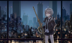 Rule 34 | 1girl, absurdres, black necktie, black skirt, bolt action, brown jacket, cheytac m200, city lights, closed mouth, girls&#039; frontline, gongbangmanchi (daisy cutter), grey hair, gun, hand in pocket, highres, holding, holding weapon, jacket, long hair, looking at viewer, m200 (girls&#039; frontline), necktie, night, open clothes, open jacket, purple eyes, rifle, shirt, skirt, sniper rifle, solo, standing, weapon, white shirt, window