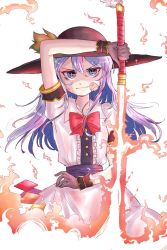 Rule 34 | + +, 1girl, arm up, bandaid, bandaid on face, black gloves, black hat, blue eyes, blue hair, blue sash, bow, bowtie, center frills, collared shirt, commentary request, cowboy shot, dress shirt, fire, frills, gloves, hair between eyes, hat, hinanawi tenshi, kong some, leaf hat ornament, long hair, looking at viewer, red bow, sash, shirt, short sleeves, solo, sword of hisou, touhou, white shirt