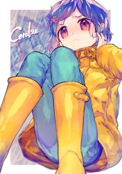 Rule 34 | 1girl, blue hair, boots, border, character name, child, coraline, coraline jones, female focus, frown, knees together feet apart, outside border, rubber boots, solo, white border