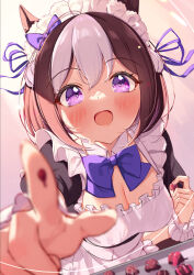 Rule 34 | 1girl, alternate costume, animal ears, blush, breasts, brown hair, chocolate, chocolate on hand, cleavage, commentary request, enmaided, food on hand, hair ornament, highres, horse ears, maid, medium breasts, medium hair, purple eyes, reaching, reaching towards viewer, saboten mushi, simple background, smile, solo, special week (umamusume), umamusume, valentine