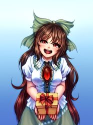 Rule 34 | 1girl, :d, bow, box, brown hair, gift, gift box, hair bow, head tilt, highres, image sample, incoming gift, long hair, looking at viewer, monorus, open mouth, pov, red eyes, reiuji utsuho, smile, solo, third eye, touhou, very long hair