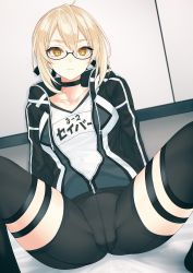 Rule 34 | 1girl, absurdres, ahoge, artoria pendragon (fate), bike shorts, bike shorts pull, black-framed eyewear, braid, commentary request, expressionless, fate/grand order, fate (series), french braid, glasses, gym shirt, gym uniform, highres, hood, hooded track jacket, indoors, jacket, looking at viewer, mysterious heroine x alter (fate), mysterious heroine x alter (second ascension) (fate), name tag, on bed, semi-rimless eyewear, shirt, sitting, solo, spread legs, taiyou-n, track jacket, under-rim eyewear, yellow eyes