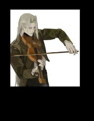 Rule 34 | 1boy, alternate costume, arm up, black jacket, black pants, black suit, closed eyes, collared shirt, final fantasy, final fantasy vii, formal, grey hair, highres, holding, holding instrument, instrument, jacket, layered sleeves, light smile, long hair, long sleeves, male focus, music, pants, parted bangs, playing instrument, sephiroth, shirt, simple background, smile, solo, suit, suit jacket, violin, white background, white shirt, xscr1205