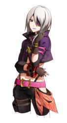 Rule 34 | 10s, 1girl, belt, belt buckle, blush, buckle, cropped jacket, eyepatch, flat chest, gina dickinson, gloves, god eater, god eater 2: rage burst, god eater burst, lips, lipstick, makeup, open mouth, red eyes, red hair, short hair, shorts, silver hair, simple background, solo, solo focus, teeth, white background