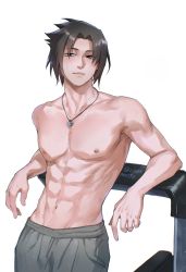 Rule 34 | 1boy, abs, bare pectorals, bare shoulders, bishounen, black eyes, black hair, commentary request, highres, jewelry, looking at viewer, male focus, muscular, naruto, naruto (series), navel, necklace, nipples, no shirt, pants, pectorals, short hair, simple background, smile, solo, sweat, sweatpants, toned, toned male, topless male, uchiha sasuke, zhenmo192