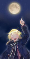 Rule 34 | 1boy, ^ ^, arigato yciyh, arm up, black jacket, blonde hair, closed eyes, earrings, facing viewer, full moon, highres, honda iku, jacket, jewelry, male focus, moon, night, night sky, open clothes, open jacket, open mouth, pointing, pointing up, red jacket, scarf, short hair, sky, solo, star (sky), starry sky, striped clothes, striped scarf, stud earrings, tokimeki memorial, tokimeki memorial girl&#039;s side 4th heart, upper body