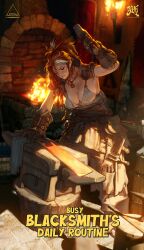 Rule 34 | 1girl, absurdres, anvil, blacksmith, braid, breasts, cleavage, crazyred, detached collar, earbuds, earphones, english text, fire, forge, furnace, gloves, glowing hot, hammer, highres, holding, holding hammer, holding tongs, jewelry, large breasts, long hair, looking down, multicolored hair, necklace, original, red hair, solo, streaked hair, sweat, tongs, tools, torch