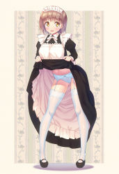 Rule 34 | 1girl, :d, apron, black dress, blue panties, blue thighhighs, breasts, brown footwear, brown hair, clothes lift, dress, dress lift, floral background, frilled apron, frills, full body, garter belt, gluteal fold, highres, juliet sleeves, kazuma (kazumav), leaning forward, lifted by self, long sleeves, looking at viewer, maid, maid headdress, mary janes, medium breasts, neck ribbon, open mouth, original, panties, puffy sleeves, ribbon, shoes, short hair, smile, solo, standing, thighhighs, underwear, white apron, white ribbon, yellow eyes