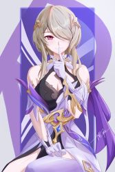 Rule 34 | 1girl, absurdres, bare shoulders, breasts, brown hair, cleavage, closed mouth, dress, gloves, hair ornament, hair over one eye, highres, honkai (series), honkai impact 3rd, large breasts, long hair, looking at viewer, medium breasts, mole, mole under eye, ooo wange, purple eyes, rita rossweisse, rita rossweisse (spina astera), signature, single thighhigh, smile, solo, thighhighs, white dress, white gloves, white thighhighs