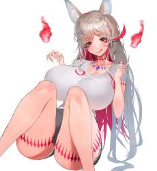 Rule 34 | 1girl, animal ear fluff, animal ears, blonde hair, breasts, destiny child, fingernails, gomchiman, hitodama, huge breasts, knees up, leg tattoo, long fingernails, long hair, mole, mole on breast, mole under mouth, multicolored hair, neck tattoo, pink hair, red eyes, sitting, tamamo (destiny child), tattoo, thighs, tongue, tongue out, white background