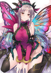 Rule 34 | 1girl, absurdres, black thighhighs, breasts, commission, dress, facial mark, fairy wings, fire emblem, fire emblem heroes, fujiwara minaho, gradient hair, grey hair, highres, large breasts, light smile, long hair, multicolored hair, nintendo, plant, plumeria (fire emblem), pointy ears, ponytail, red eyes, simple background, sitting, skeb commission, sleeveless, solo, thighhighs, vines, white background, wings