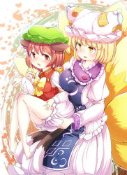 Rule 34 | 2girls, animal ears, ass pinch, bare legs, barefoot, blonde hair, bloomers, blue tabard, blush, bob cut, bow, bowtie, breasts, brown eyes, brown hair, carrying, cat ears, cat tail, chen, commentary request, dress, ears down, fox ears, fox tail, frills, full body, furim, gold trim, hat, highres, juliet sleeves, knees together feet apart, large breasts, long sleeves, looking at another, looking to the side, mob cap, multiple girls, multiple tails, nekomata, no pants, parted lips, puffy sleeves, red vest, short hair, size difference, tabard, tail, toes, touhou, two tails, underwear, v-shaped eyebrows, vest, white dress, yakumo ran, yellow bow, yellow bowtie