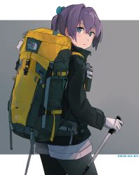 Rule 34 | 1girl, air kon, alternate costume, backpack, bag, bag charm, black pantyhose, blue eyes, charm (object), cowboy shot, dated, from side, gloves, grey background, grey shorts, hair between eyes, kantai collection, long sleeves, pantyhose, pantyhose under shorts, pink hair, product placement, shiranui (kancolle), short hair, short ponytail, short shorts, shorts, solo, the north face, white gloves