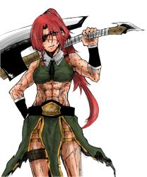 Rule 34 | 1girl, abs, alternate costume, alternate eye color, alternate hairstyle, armband, axe, battle axe, belt, braid, breasts, character name, cowboy shot, crop top, eyepatch, eyes visible through hair, fujinon (izayoi), green shirt, green skirt, hand on own hip, holding, holding axe, hong meiling, long hair, long skirt, looking at viewer, matsuri kyuuta, muscular, muscular female, pelvic curtain, ponytail, red hair, ribbon, scar, scar on face, scar on mouth, shirt, short hair, sketch, skirt, slit pupils, smirk, solo, sweat, thigh strap, torn clothes, torn skirt, touhou, twin braids, weapon