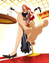 Rule 34 | baccarat (one piece), black gloves, breasts, card, casino, casino card table, cleavage cutout, clothing cutout, crossed legs, dress, earrings, feet, foot focus, full body, gloves, green eyes, high heels, highres, holding, holding shoes, indoors, jewelry, large breasts, leg tattoo, long hair, looking at viewer, mature female, nail polish, necklace, one piece, one piece film: gold, playing card, red hair, shoes, single shoe, sitting, sleeveless, smirk, solo, spread toes, table, tattoo, toenail polish, toenails, toes, warabi yuuzou