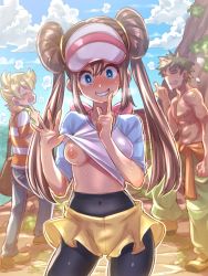 Rule 34 | 1girl, 2boys, barry (pokemon), black pantyhose, blonde hair, blush, breasts, breath, bright pupils, brock (pokemon), brown hair, closed eyes, commentary request, covered navel, creatures (company), double bun, finger to mouth, flashing, frilled shorts, frills, game freak, grin, gym leader, hair bun, high-waist pantyhose, looking at viewer, medium breasts, mimonel, multiple boys, nintendo, nipples, no bra, nose blush, one breast out, pantyhose, pantyhose under shorts, pectorals, pokemon, pokemon bw2, pokemon dppt, pokemon masters ex, pokemon rgby, rock, rosa (pokemon), shorts, shushing, smile, standing, sweat, topless male, twintails, visor cap, white pupils