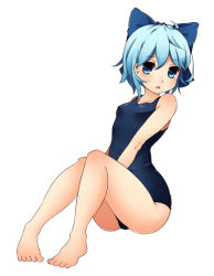 Rule 34 | 1girl, bad id, bad pixiv id, bare shoulders, barefoot, blue eyes, blue hair, bow, cirno, full body, hair bow, kinakomoti, matching hair/eyes, one-piece swimsuit, school swimsuit, short hair, simple background, sitting, solo, swimsuit, touhou, white background