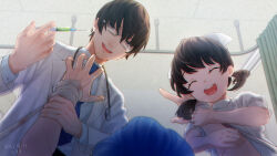 Rule 34 | 1girl, 2boys, ^ ^, arm grab, arms up, black hair, blue hair, blue necktie, blurry, blurry background, closed eyes, coat, collared shirt, commentary request, dated, doctor, glasses, grey eyes, half-closed eyes, hat, highres, hiyama kiyoteru, holding, holding syringe, hospital, indoors, kaai yuki, lab coat, long sleeves, looking at another, low twintails, multiple boys, nanaya tororo, necktie, nurse, nurse cap, open clothes, open coat, out of frame, outstretched arms, puffy short sleeves, puffy sleeves, restrained, shirt, short hair, short sleeves, short twintails, signature, smile, stethoscope, syringe, twintails, vocaloid, white coat, white shirt