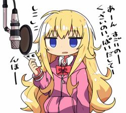 Rule 34 | 10s, 1girl, blonde hair, blue eyes, bow, bowtie, commentary request, empty eyes, gabriel dropout, gabriel tenma white, hood, hoodie, jitome, kanikama, long hair, lowres, microphone, recording studio, red bow, red bowtie, school uniform, simple background, solo, studio microphone, translated, very long hair, white background