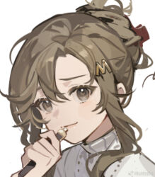 1girl brown_eyes brown_hair closed_mouth cropped furrowed_brow hair_bun hair_ornament hand_up holding holding_pen ichisaku letter_hair_ornament melania_(reverse:1999) pen pen_to_mouth portrait reverse:1999 shirt short_hair_with_long_locks smile solo variant_set weibo_logo weibo_watermark white_background white_shirt