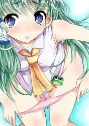 Rule 34 | 1girl, absurdres, alternate costume, ascot, bare arms, bare legs, bare shoulders, bent over, blue eyes, blush, breasts, covered erect nipples, female focus, frog hair ornament, goya, goya (team harenchi), green hair, groin, hair ornament, hair tubes, highres, kochiya sanae, leaning forward, long hair, looking at viewer, no pants, open mouth, panties, panty pull, pink panties, pussy juice, pussy juice stain, school uniform, sleeveless, smile, snake, solo, touhou, underwear, wet, wet clothes, wet panties