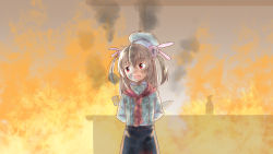 Rule 34 | 1girl, alternate costume, arms behind back, blush, brown hair, chef hat, chef, commentary request, fang, fire, hat, highres, kitchen, knife, long hair, looking away, natori sana, open mouth, red eyes, sana channel, smoke, solo, spatula, table, virtual youtuber