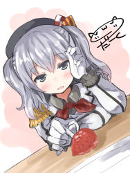 Rule 34 | 10s, 1girl, adjusting hair, ascot, beret, blue eyes, blush, breast rest, breasts, darkside, dutch angle, epaulettes, feeding, food, fork, fruit, gloves, hat, incoming food, kantai collection, kashima (kancolle), long hair, looking at viewer, medium breasts, one eye closed, open mouth, pov, pov feeding, silver hair, sketch, smile, solo, strawberry, tsurime, twintails, uniform, upper body, wavy hair, white gloves