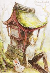 Rule 34 | 1boy, akagi shun, bad id, bad pixiv id, black pants, blonde hair, book, branch, breast pocket, cat, closed mouth, collared shirt, creature, eating, hand on own knee, holding, holding book, looking at another, lying, natsume yuujinchou, nyanko-sensei, on back, on ground, outdoors, pants, plant roots, pocket, shirt, shoes, short sleeves, shrine, sitting, smile, tree, white shirt