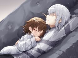 Rule 34 | 1boy, 1girl, :3, absurdres, accelerator (toaru majutsu no index), age difference, ahoge, amatsuji, arm pillow, arms around waist, arms behind head, artist name, black choker, black pants, blurry, blurry background, blush, bob cut, brown hair, child, choker, closed eyes, closed mouth, coat, commentary, constricted pupils, couch, depth of field, dutch angle, eyelashes, grey hair, grey shirt, hair between eyes, hand on another&#039;s back, hand on another&#039;s chest, head on chest, height difference, highres, indoors, lab coat, last order (toaru majutsu no index), long bangs, long sleeves, lying, lying on person, messy hair, on back, on couch, on stomach, pale skin, pants, sanpaku, shirt, shirt grab, short hair, signature, size difference, sleeping, striped clothes, striped shirt, textless version, toaru kagaku no railgun, toaru majutsu no index, twitter username, white coat, white shirt