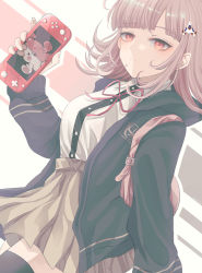 Rule 34 | 1girl, absurdres, backpack, bag, black shirt, blunt bangs, brown skirt, commentary request, danganronpa (series), danganronpa 2: goodbye despair, dress shirt, expressionless, galaga, hair ornament, hand up, handheld game console, highres, holding, holding handheld game console, jacket, long sleeves, looking at viewer, medium hair, monomi (danganronpa), nanami chiaki, neck ribbon, open clothes, open jacket, outline, pink background, pink ribbon, pleated skirt, ribbon, shirt, shirt tucked in, skirt, solo, thighhighs, weiss 9610, white background, white outline, white shirt
