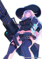 Rule 34 | 1girl, belt, blue eyes, breasts, cowboy hat, enkyo yuuichirou, covered erect nipples, grin, gun, handgun, hat, holding, holding gun, holding weapon, holster, long hair, looking at viewer, looking down, midriff, million chain, official art, revolver, simple background, smile, solo, thighhighs, weapon, white background, white hair