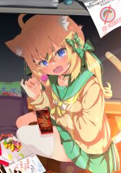 Rule 34 | 1girl, absurdres, ahoge, animal ears, bell, blonde hair, blue eyes, bow, candy, cat ears, cat girl, cat tail, chocolate, chocolate heart, collar, commission, food, green bow, green skirt, hair bow, hair ornament, hairclip, heart, highres, holding, holding candy, holding food, holding lollipop, jelly bean, lollipop, looking at viewer, neck bell, neckerchief, original, pleated skirt, school uniform, serafuku, shiro9jira, single thighhigh, skeb commission, skirt, solo, squatting, sweatdrop, tail, thighhighs, white thighhighs, yellow neckerchief