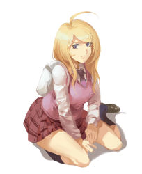 Rule 34 | 10s, 1girl, ahoge, akamatsu kaede, backpack, bag, beamed quavers, black footwear, blonde hair, blue legwear, breasts, collared shirt, danganronpa (series), danganronpa v3: killing harmony, expressionless, fortissimo, full body, hair ornament, highres, loafers, long hair, looking at viewer, medium breasts, musical note, musical note hair ornament, necktie, pink vest, purple necktie, purple skirt, quaver, ruukii drift, shirt, shoes, simple background, sitting, skirt, solo, sweater vest, swept bangs, thighs, vest, white background, white shirt