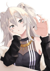Rule 34 | 1girl, 6mint, :o, absurdres, ahoge, animal ears, bare shoulders, black nails, blush, breasts, cleavage, earrings, fur-trimmed jacket, fur trim, grey eyes, grey hair, hair between eyes, hand up, head tilt, highres, hololive, jacket, jewelry, large breasts, lion ears, lion girl, long hair, looking at viewer, nail polish, necklace, open mouth, see-through, see-through cleavage, shirt, shishiro botan, shishiro botan (1st costume), solo, virtual youtuber