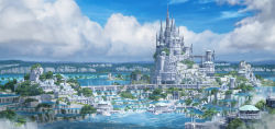 Rule 34 | architecture, blue sky, building, castle, city, commentary, fantasy, flying buttress, goth fashion, gothic architecture, highres, horizon, landscape, mountainous horizon, no humans, ocean, original, scenery, sky, spire, tenca arts, tower, water