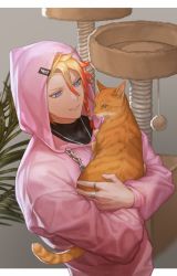 Rule 34 | 1boy, alternate costume, animal, axel syrios, black shirt, blonde hair, blue eyes, braid, cat, chain, chain necklace, commentary, hair between eyes, highres, holding, holding animal, holding cat, holostars, holostars english, hood, hood up, hoodie, jewelry, letterboxed, looking at animal, male focus, multicolored hair, multiple rings, necklace, outside border, parted lips, pink hoodie, plant, red hair, ring, sekiikei, shirt, short hair, side braid, smile, solo, streaked hair, turtleneck, upper body, virtual youtuber