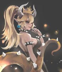 Rule 34 | 1girl, adapted object, aqua eyes, arm at side, armlet, back, bare shoulders, black dress, black nails, blonde hair, blue eyes, bowsette, bracelet, breasts, cleavage, collar, dark, dress, earrings, embers, finger to mouth, fingernails, from side, hair between eyes, hand up, high ponytail, highres, jewelry, light particles, lips, long hair, looking at viewer, looking to the side, mario (series), medium breasts, nail polish, new super mario bros. u deluxe, nintendo, pink lips, pointy ears, ponytail, sharp fingernails, short hair, sidelocks, smile, solo, spiked armlet, spiked bracelet, spiked collar, spiked tail, spikes, strapless, strapless dress, super crown, tail, teeth, upper body, windhydra