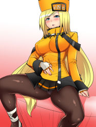 Rule 34 | 1girl, arm support, bad id, bad pixiv id, black pantyhose, black skirt, blonde hair, blue eyes, blush, breasts, cameltoe, covered erect nipples, fingerless gloves, gloves, guilty gear, guilty gear xrd, hat, high collar, highres, large breasts, long hair, long sleeves, looking at viewer, microskirt, millia rage, naughty face, okyou, panties, panties under pantyhose, pantyhose, parted lips, sitting, skirt, smile, solo, spread legs, sweat, underwear, very long hair, white gloves