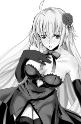 Rule 34 | 1girl, ahoge, blush, breasts, cleavage, collarbone, dress, elbow gloves, fate/grand order, fate (series), flower, gloves, greyscale, hair flower, hair ornament, hand on own chest, highres, jeanne d&#039;arc (fate), jeanne d&#039;arc alter (avenger) (fate), jeanne d&#039;arc alter (avenger) (third ascension) (fate), jeanne d&#039;arc alter (fate), large breasts, long hair, monochrome, neck ribbon, official alternate costume, ribbon, rikudou inuhiko, solo, strapless, strapless dress, thighhighs