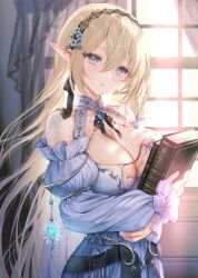 Rule 34 | 1girl, backlighting, blonde hair, blue dress, blue eyes, blush, book, breast press, breasts, brooch, chain, cleavage, closed mouth, collarbone, commentary request, cowboy shot, curtains, dress, elf, expressionless, flower, frilled dress, frilled sleeves, frills, gem, glowing, hair between eyes, hair flower, hair ornament, hair ribbon, hairband, hi-na1, holding, holding book, jewelry, key, charm (object), keyring, large breasts, long hair, looking at viewer, off-shoulder dress, off shoulder, original, pointy ears, ribbon, sign, solo, straight hair, sunlight, very long hair, wind, window