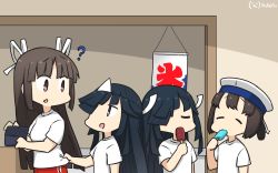 Rule 34 | 4girls, alternate costume, black hair, bob cut, commentary request, daitou (kancolle), dated, closed eyes, ghost, hair over one eye, hair ribbon, hamu koutarou, hat, hayashimo (kancolle), high ponytail, highres, hime cut, hiyou (kancolle), kantai collection, long hair, multiple girls, one-hour drawing challenge, pants, red eyes, red pants, ribbon, sailor hat, shirt, short hair, t-shirt, track pants, very long hair, white headwear, white shirt