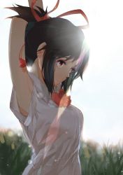 Rule 34 | 10s, 1girl, armpits, arms up, black hair, blurry, bow, bowtie, breasts, brown eyes, closed mouth, collared shirt, depth of field, folded ponytail, from side, grass, hair ribbon, hana mori, head down, kimi no na wa., lens flare, medium breasts, miyamizu mitsuha, orange eyes, red bow, red bowtie, red ribbon, ribbon, school uniform, shirt, solo, white background, white shirt, wing collar
