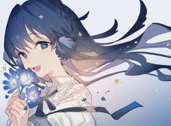 Rule 34 | 1girl, :d, arknights, astesia (arknights), awa iro, blue background, blue eyes, blue flower, blue hair, blue neck ribbon, braid, diamond-shaped pupils, diamond (shape), floating hair, flower, from side, gradient background, holding, holding flower, long hair, looking at viewer, one-hour drawing challenge, open mouth, shirt, simple background, smile, solo, symbol-shaped pupils, teeth, upper teeth only, white shirt