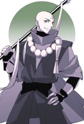 Rule 34 | 1boy, bald, beads, closed mouth, cross scar, fate/grand order, fate (series), fingerless gloves, gloves, hand on own hip, haruakira, highres, holding, holding polearm, holding weapon, houzouin inshun (fate), japanese clothes, male focus, monk, monochrome, polearm, prayer beads, scar, scar on face, scar on forehead, simple background, smile, spear, weapon
