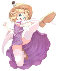 Rule 34 | 1girl, absurdres, blonde hair, blue eyes, convenient skirt, from below, full body, hair ribbon, hat, highres, jumping, kicking, leg up, legs, long sleeves, looking at viewer, mary janes, mikoma sanagi, moriya suwako, no panties, open mouth, purple skirt, red ribbon, ribbon, shoes, short hair, simple background, skindentation, skirt, skirt set, smile, solo, teeth, thighhighs, touhou, tress ribbon, upper teeth only, upskirt, v-shaped eyebrows, white background, white thighhighs, wide sleeves